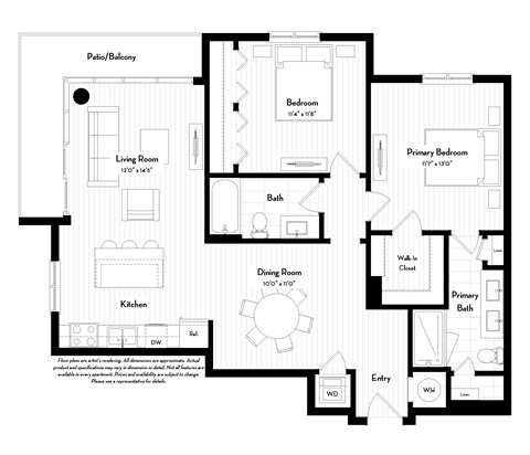 Floor plan for 2 beds, 2 baths, 1113 sqft
